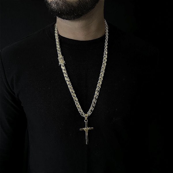 CORRENTE FRISO S ( 8mm - 70Cm) + PINGENTE CRUZ AMARRADA  MACIÇA - BANHADO A OURO 18k