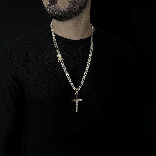 CORRENTE LACRAIA  ( 10mm - 70Cm) + PINGENTE CRUZ AMARRADA  MACIÇA - BANHADO A OURO 18k