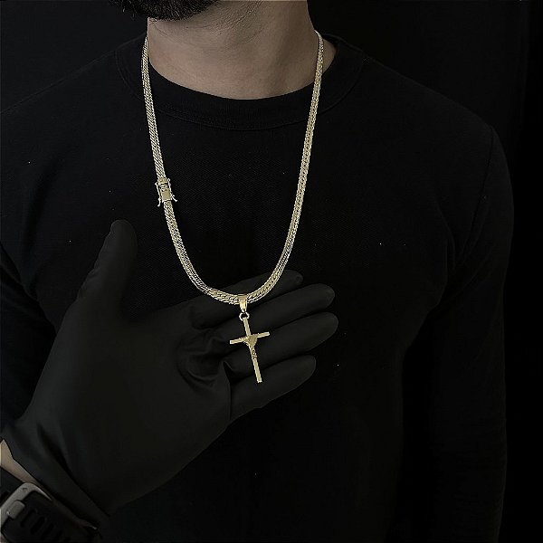 CORRENTE LACRAIA FLAT (6mm - 70Cm) + PINGENTE CRUZ AMARRADA  MACIÇA - BANHADO A OURO 18k