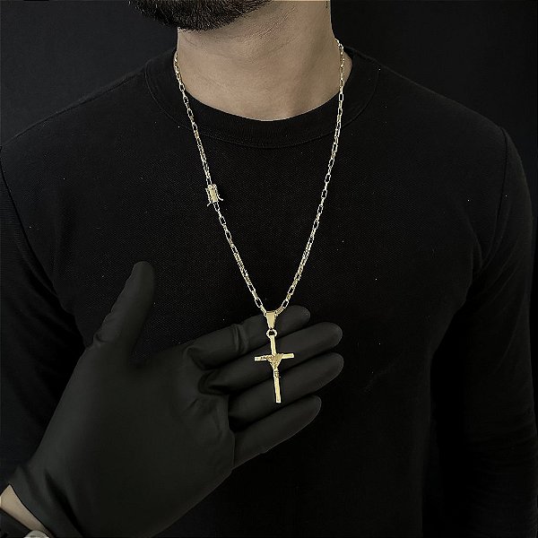 CORRENTE TIJOLINHO ALONGADO  (3mm - 70Cm) + PINGENTE CRUZ AMARRADA  MACIÇA - BANHADO A OURO 18k