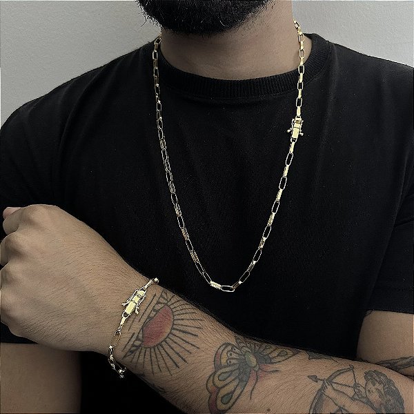 CORRENTE TIJOLINHO ALONGADO FECHO GAVETA  (5mm-70cm) + PULSEIRA TIJOLINHO ALONGADO FECHO GAVETA  (5mm-20cm) - BANHADO A OURO 18K