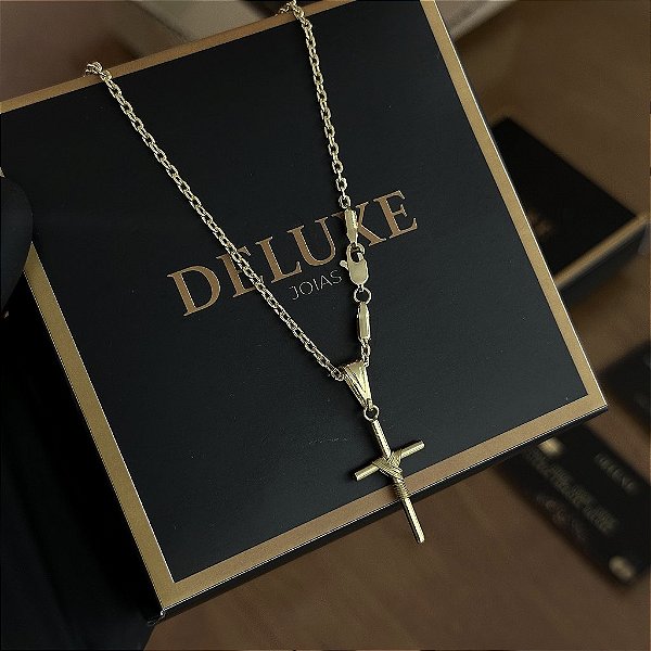 Corrente cadeado 2mm 70 ou 60cm + Cruz amarrada- BANHADO A OURO 18k