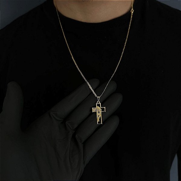 CORRENTE GRUMET  (2MM - 50, 60cm ou 70cm) + CRUCIFIXO VAZADO  -  BANHADO A OURO 18k