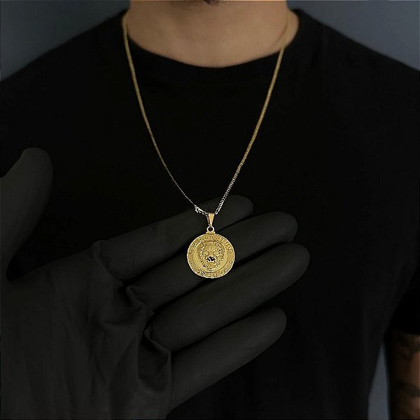 CORRENTE GRUMET  (2MM - 50, 60cm ou 70cm) + MEDALHA LEÃO  DA TRIBO DE JUDÁ -  BANHADO A OURO 18k
