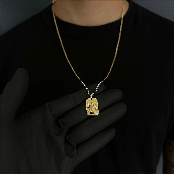 CORRENTE GRUMET  (2MM - 50, 60cm ou 70cm) + PLACA NOSSA SENHORA -  BANHADO A OURO 18k
