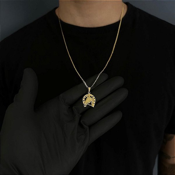 CORRENTE GRUMET  (2MM - 50, 60cm ou 70cm) +  FERRADURA COM CAVALO -  BANHADO A OURO 18k