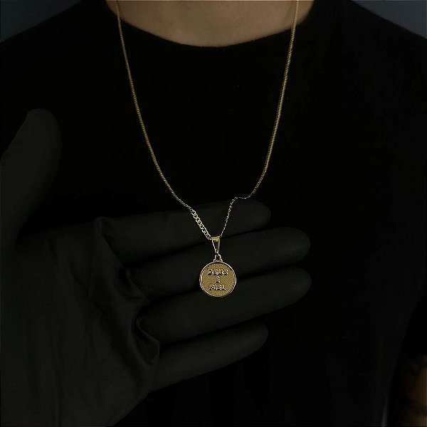 CORRENTE GRUMET  (2MM - 50, 60cm ou 70cm) + MEDALHA DEUS É FIEL -  BANHADO A OURO 18k
