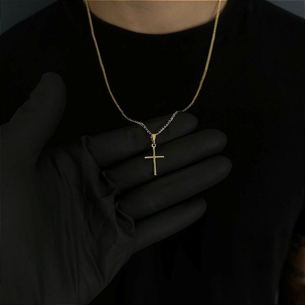 CORRENTE GRUMET  (2MM - 50, 60cm ou 70cm) + CRUZ PALITO -  BANHADO A OURO 18k