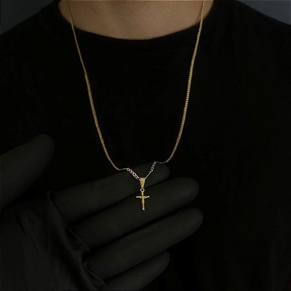 CORRENTE GRUMET  (2MM - 50, 60cm ou 70cm) + JESUS CRUCIFICADO PP -  BANHADO A OURO 18k
