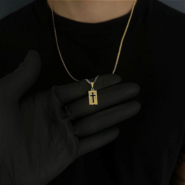 CORRENTE GRUMET  (2MM - 50, 60cm ou 70cm) + PLACA CRUZ VAZADA -  BANHADO A OURO 18k