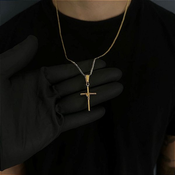 CORRENTE GRUMET  (2MM - 50, 60cm ou 70cm) + CRUZ AMARRADA -  BANHADO A OURO 18k