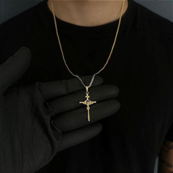 CORRENTE GRUMET  (2MM - 50, 60cm ou 70cm) + JESUS CRUCIFICADO  -  BANHADO A OURO 18k