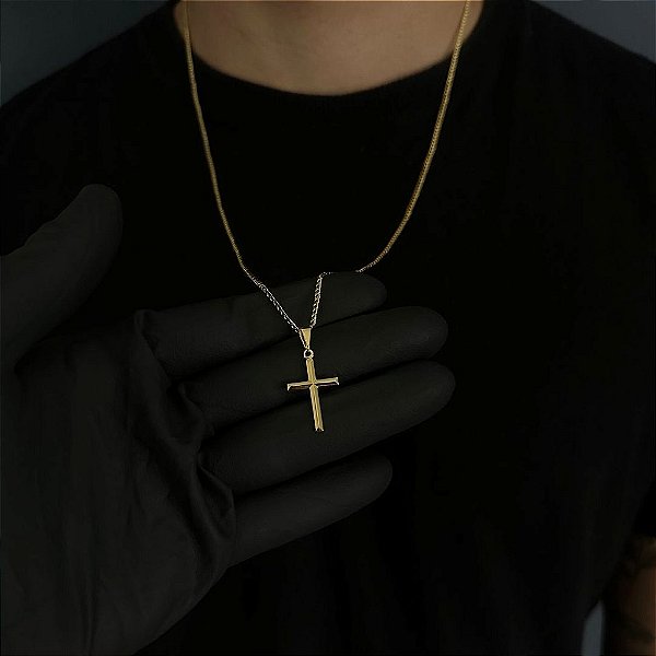 CORRENTE GRUMET  (2MM - 50, 60cm ou 70cm) + CRUZ DETALHADA  -  BANHADO A OURO 18k