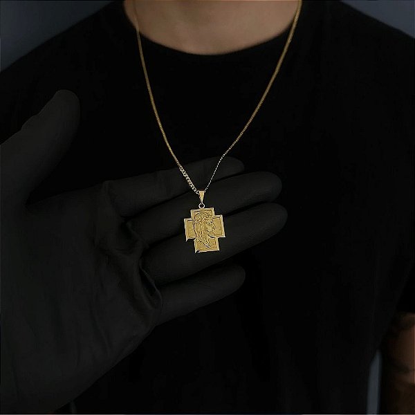 CORRENTE GRUMET  (2MM - 50, 60cm ou 70cm) + CRUZ COM FACE DE JESUS CRISTO  -  BANHADO A OURO 18k