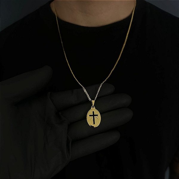 CORRENTE GRUMET  (2MM - 50, 60cm ou 70cm) + PLACA OVAL COM CRUZ VAZADA  -  BANHADO A OURO 18k