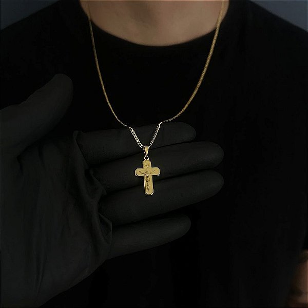 CORRENTE GRUMET  (2MM - 50, 60cm ou 70cm) + CRUZ COM JESUS  -  BANHADO A OURO 18k