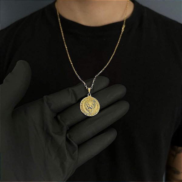 CORRENTE TIJOLINHO  (1.8MM - 50, 60cm ou 70cm) + MEDALHA LEÃO DA TRIBO DE JUDÁ -  BANHADO A OURO 18k