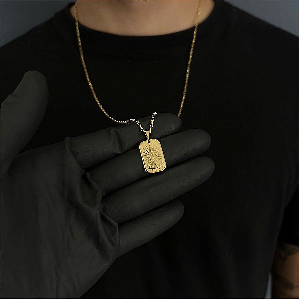 CORRENTE TIJOLINHO  (1.8MM - 50, 60cm ou 70cm) + PLACA NOSSA SENHORA -  BANHADO A OURO 18k