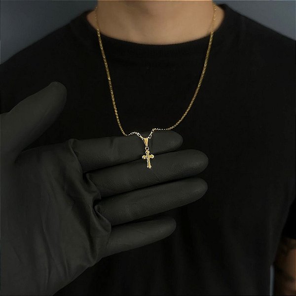 CORRENTE TIJOLINHO  (1.8MM - 50, 60cm ou 70cm) + CRUCIFIXO COM JESUS CRISTO PP - BANHADO A OURO 18k