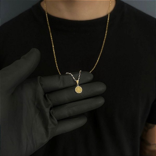 CORRENTE TIJOLINHO  (1.8MM - 50, 60cm ou 70cm) + MEDALHA DE SÃO BENTO DUPLA FACE - BANHADO A OURO 18k