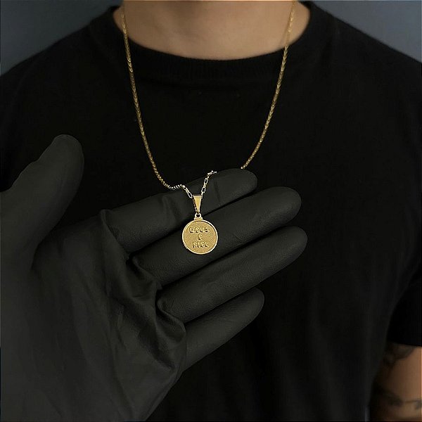 CORRENTE TIJOLINHO  (1.8MM - 50, 60cm ou 70cm) + MEDALHA DEUS É FIEL - BANHADO A OURO 18k