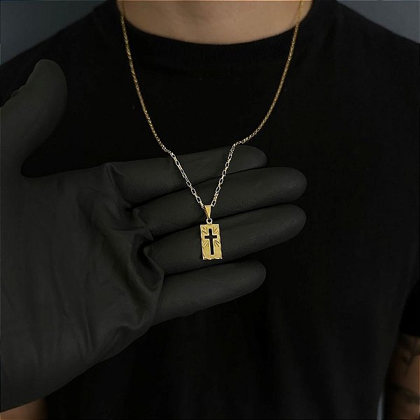 CORRENTE TIJOLINHO  (1.8MM - 50, 60cm ou 70cm) + PLACA CRUZ VAZADA - BANHADO A OURO 18k