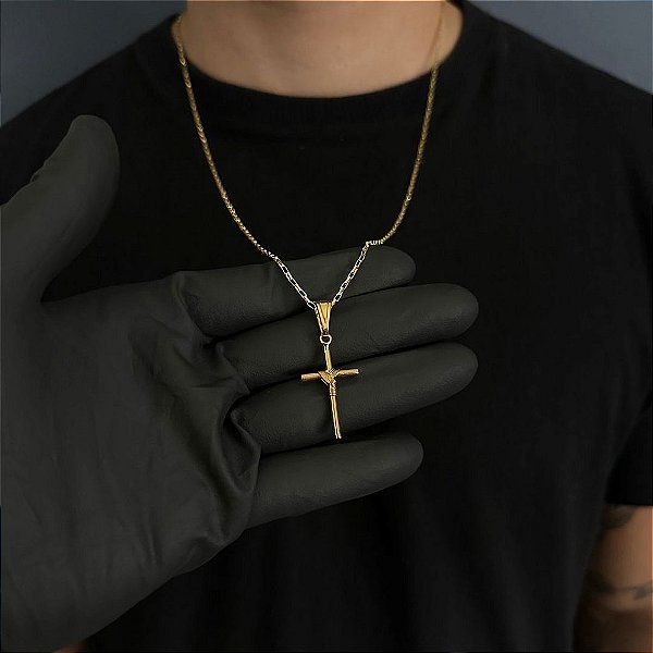 CORRENTE TIJOLINHO  (1.8MM - 50, 60cm ou 70cm) + CRUZ AMARRADA  - BANHADO A OURO 18k