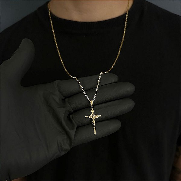 CORRENTE TIJOLINHO  (1.8MM - 50, 60cm ou 70cm) + CRUCIFIXO - BANHADO A OURO 18k
