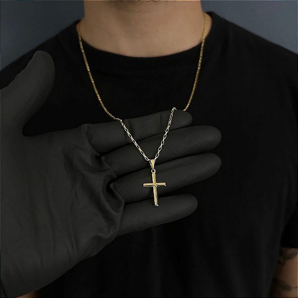 CORRENTE TIJOLINHO  (1.8MM - 50, 60cm ou 70cm) + CRUZ DETALHADA - BANHADO A OURO 18k
