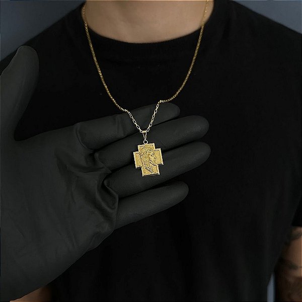 CORRENTE TIJOLINHO  (1.8MM - 50, 60cm ou 70cm) + CRUZ COM A FACE DE JESUS CRISTO - BANHADO A OURO 18k