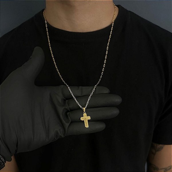 CORRENTE CARTIE  (2MM - 50, 60cm ou 70cm) + CRUZ DETALHADA COM JESUS CRISTO  - BANHADO A OURO 18k