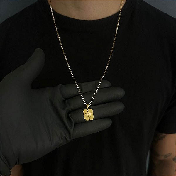 CORRENTE CARTIE (2MM 50, 60cm ou 70cm) + PLACA COM CRUZ DETALHADA - BANHADO A OURO 18k