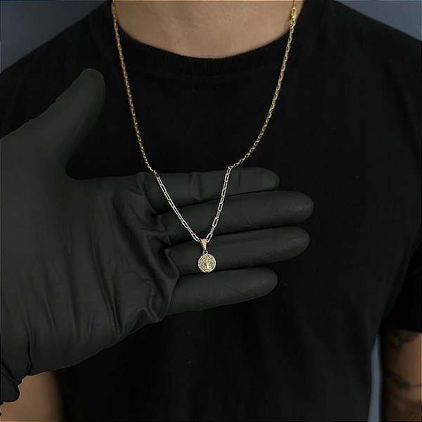 CORRENTE CARTIE (2MM - 50, 60cm ou 70cm) + MEDALHA SÃO BENTO DUPLA FACE - BANHADO A OURO 18k