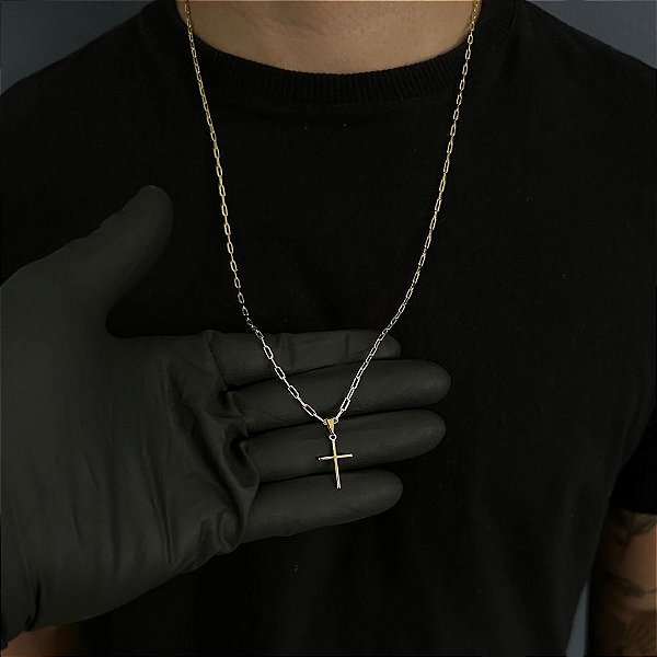 CORRENTE CARTIE (2MM - 50, 60cm ou 70cm) + CRUZ PALITO - BANHADO A OURO 18k