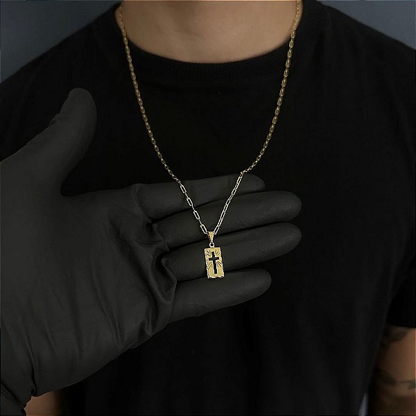 CORRENTE CARTIE (2MM - 50, 60cm ou 70cm) + PLACA CRUZ VAZADA - BANHADO A OURO 18k