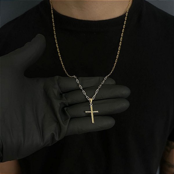 CORRENTE CARTIE (2MM - 50, 60cm ou 70cm) + CRUZ DETALHADA - BANHADO A OURO 18k