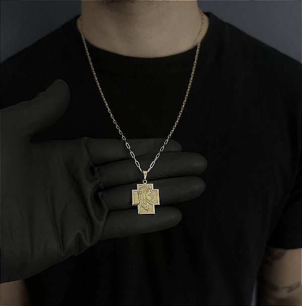 CORRENTE CARTIE (2MM - 50, 60cm ou 70cm) + CRUZ COM A FACE DE JESUS CRISTO - BANHADO A OURO 18k