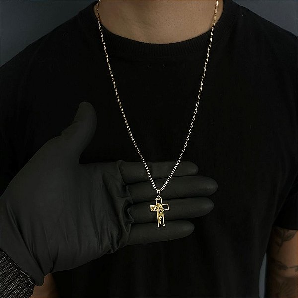 CORRENTE CARTIE (2MM - 50, 60cm ou 70cm) + CRUZ COM A FACE DE JESUS VAZADA - BANHADO A OURO 18k