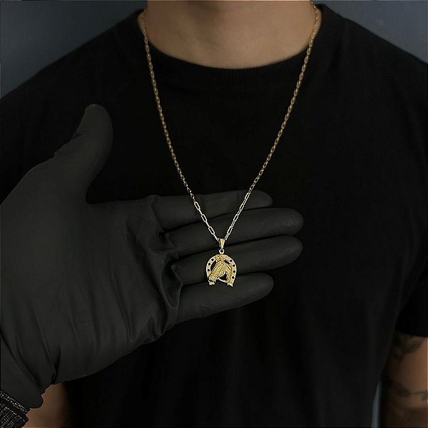 CORRENTE CARTIE (2MM - 50, 60cm ou 70cm) + FERRADURA COM CAVALO - BANHADO A OURO 18k