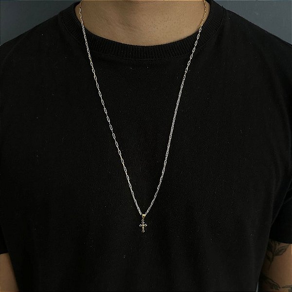 CORRENTE CARTIE (2MM - 50, 60cm ou 70cm) + CRUCIFIXO PP- BANHADO A OURO 18k