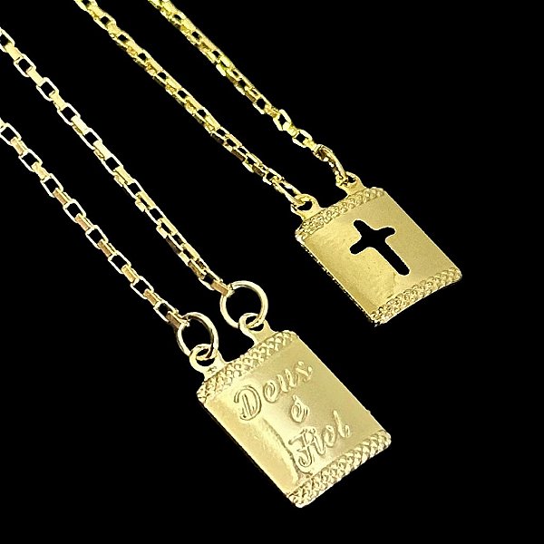 ESCAPULÁRIO DEUS É FIEL  CORRENTE TIJOLINHO (1.8MM 60cm ou 70cm) -  BANHADO A OURO 18k