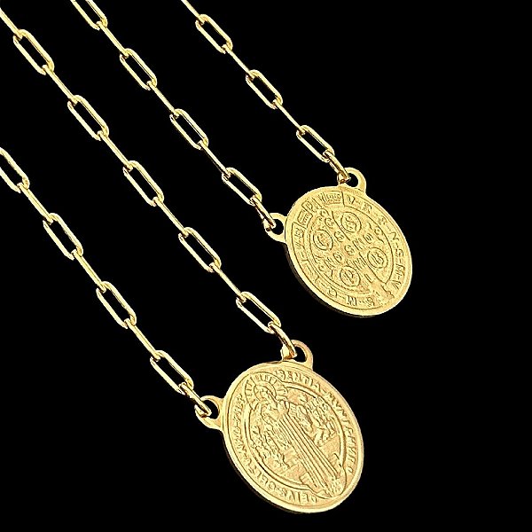 ESCAPULÁRIO SÃO BENTO DUPLA FACE CORRENTE CARTIE (1.8MM 60cm ou 70cm) -  BANHADO A OURO 18k