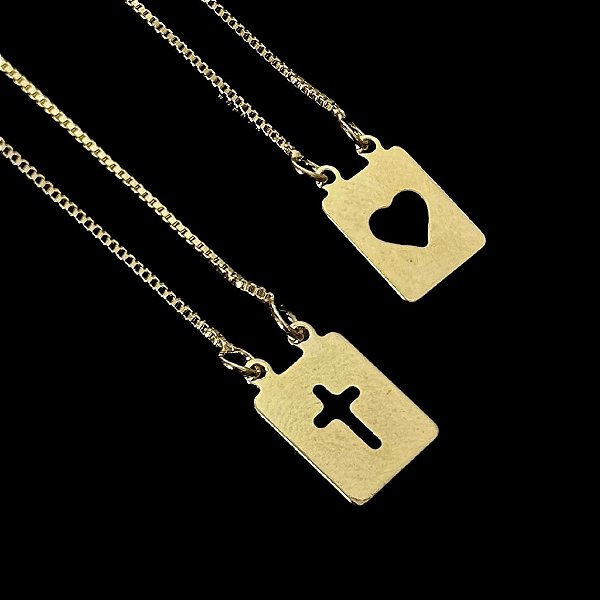 ESCAPULÁRIO CORAÇÃO  E CRUZ VAZADA CORRENTE VENEZIANA (1.8MM 60cm ou 70cm) -  BANHADO A OURO 18k