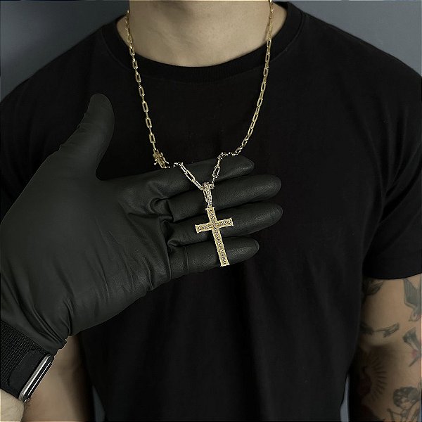 CORRENTE CARTIE (4MM - 50, 60cm ou 70cm) +CRUZ CRAVEJADA DETALHADA - BANHADO A OURO 18k
