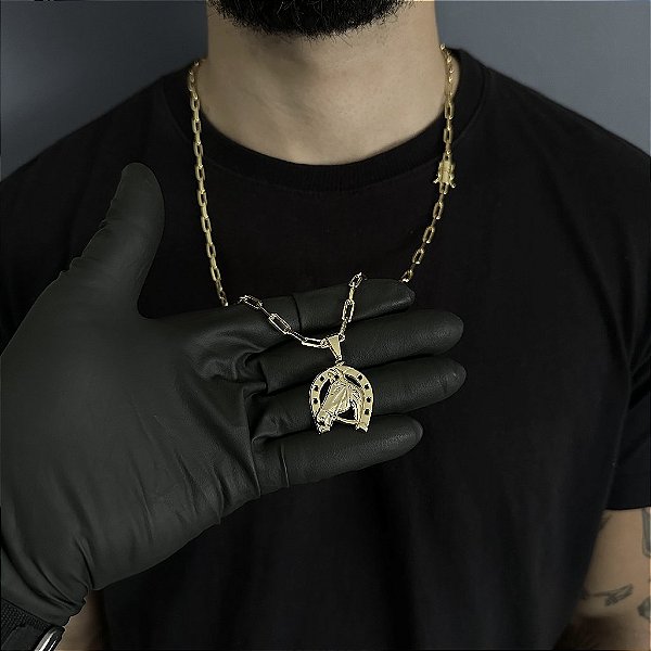 CORRENTE CARTIE (4MM - 50, 60cm ou 70cm) +PINGENTE FERRADURA DE CAVALO  - BANHADO A OURO 18k