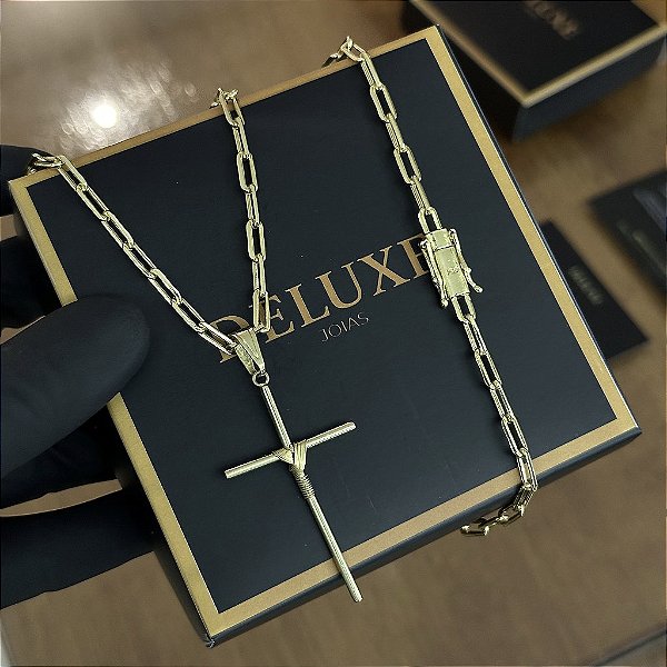 CORRENTE CARTIE (4MM - 50, 60cm ou 70cm) + PINGENTE CRUZ AMARRADA   - BANHADO A OURO 18k