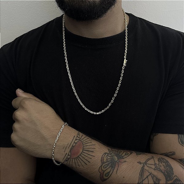 CORRENTE CADEADO  (5mm-70cm)  + PULSEIRA CADEADO  (5mm-20cm) - FECHO CANHÃO - BANHADO A OURO 18K