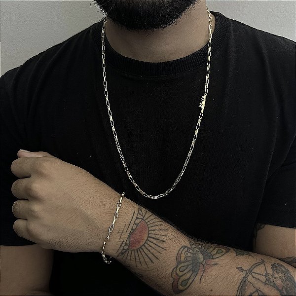 CORRENTE TIJOLINHO ALONGADO  FECHO GAVETA (4mm-70cm)  + PULSEIRA TIJOLINHO ALONGADO  FECHO GAVETA (4mm-20cm) - FECHO CANHÃO - BANHADO A OURO 18K