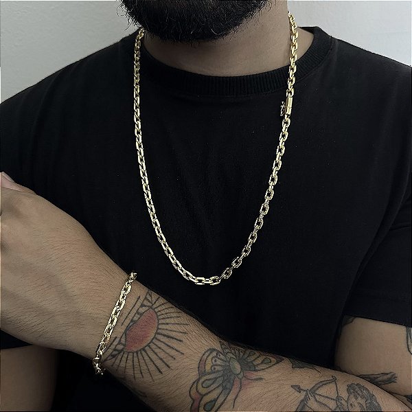 CORRENTE  CADEADO  FECHO GAVETA  (7mm -70cm)  + PULSEIRA CADEADO  FECHO GAVETA  7mm -20cm) - FECHO CANHÃO - BANHADO A OURO 18K