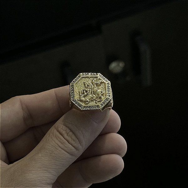 ANEL SÃO JORGE CRAVEJADO EM ZIRCÔNIA - FEITO DE MOEDA ANTIGA